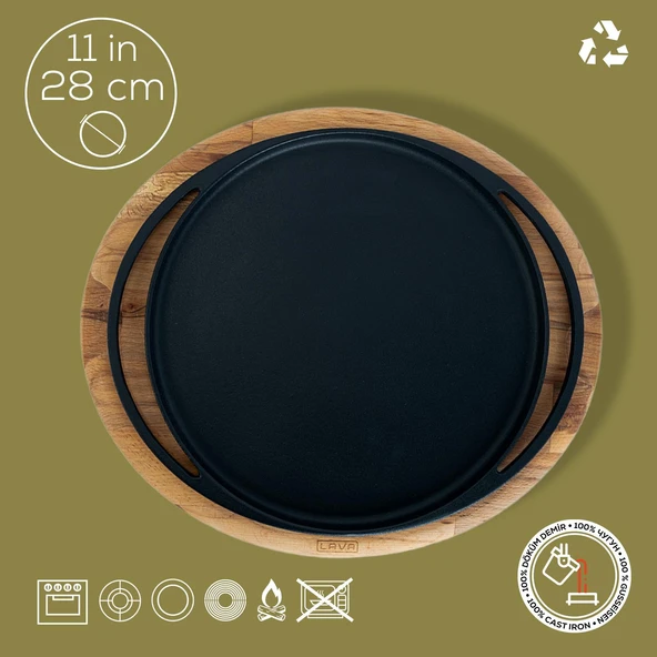 Lava Döküm Yuvarlak Pizza Krep Pankek Tavası Döküm Demir Yekpare Çift Kulplu Kayın Servis Ahşabı Çap(Ø)28cm. - Resim 4