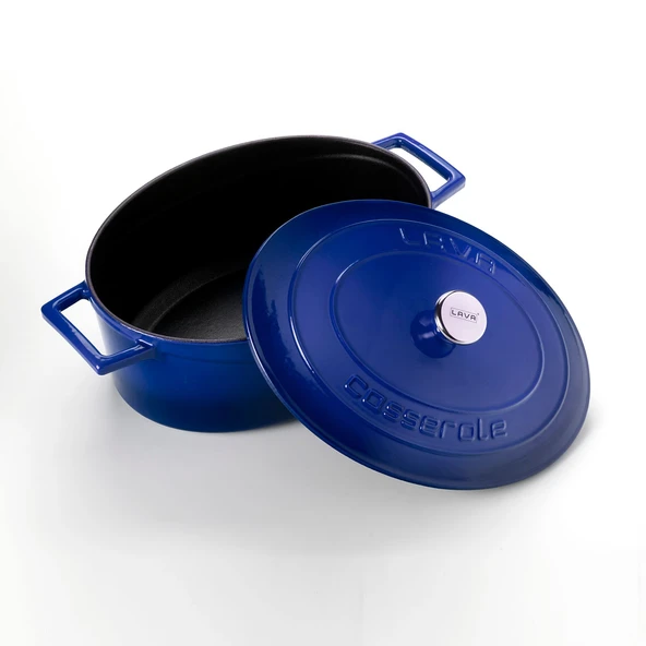 Lava Döküm Oval Tencere. Folk Serisi Ölçü 21x27cm.  Mavi - Resim 2