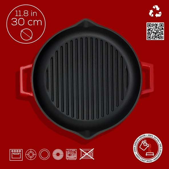 Lava Döküm Yuvarlak Izgara Tavası Döküm Demir Yekpare Çift Kulplu Çap(Ø)30cm.  Kırmızı - Resim 4