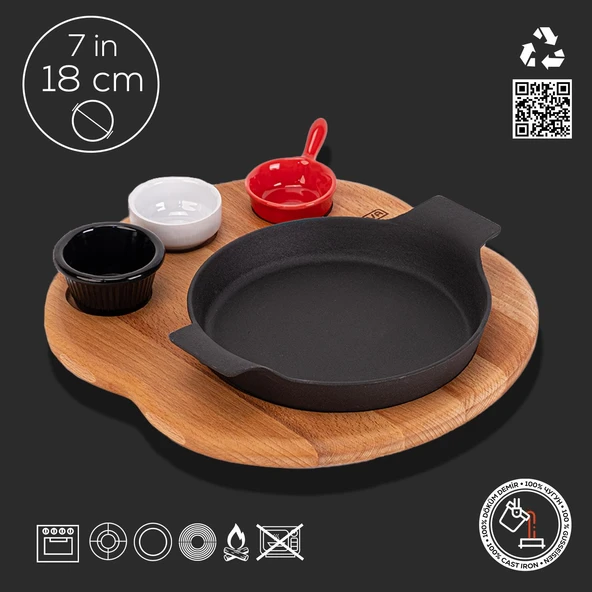 Lava Döküm Yuvarlak Sahan Döküm Demir Yekpare Çift Kulplu Kayın Servis Ahşabı. Çap(Ø)18cm. (Sos kapları dahil değildir.) - 2