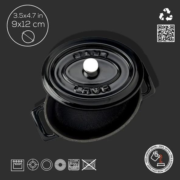 Lava Döküm Mini Oval Tencere. Trendy Serisi Ölçü 9x12cm.  Siyah - Resim 4