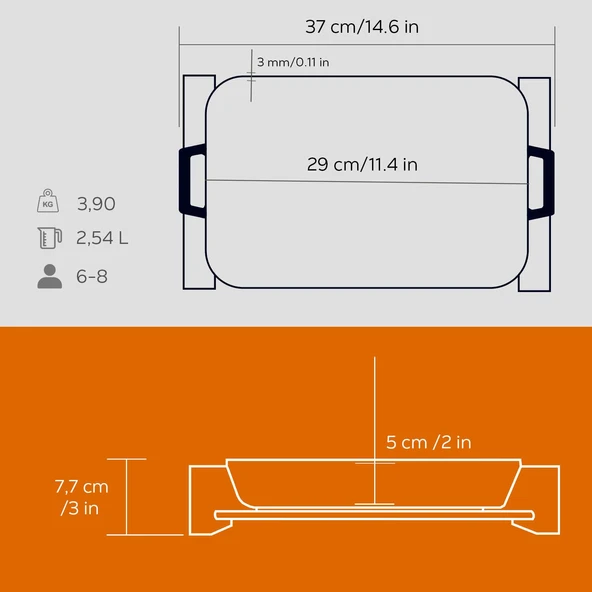Lava Döküm Dikdörtgen Rosto ve Fırın Tepsisi Kayın Servis Ahşabı Döküm Demir Yekpare Çift Kulplu Ölçü 22x30cm.  Turuncu - 5