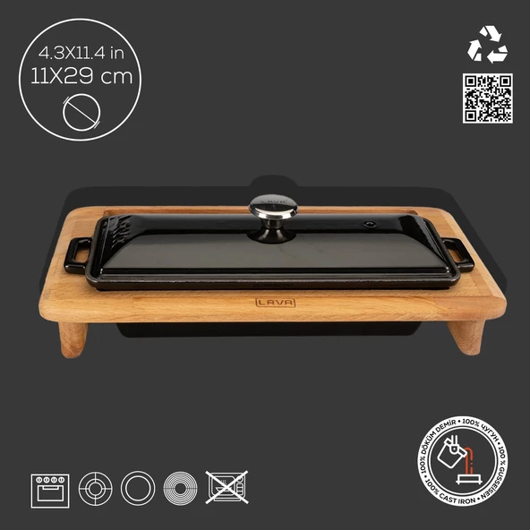 Lava Döküm Ekmek Tenceresi / Kayın Ağacı Servis Standı / Terrine Serisi. Ölçü 11x29cm.  Siyah - Resim 4