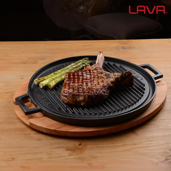 Lava Döküm Yuvarlak Çift Yön Izgara Tavası Kayın Servis Ahşabı Döküm Demir Yekpare Çift Kulplu Çap(Ø)34cm. - 7