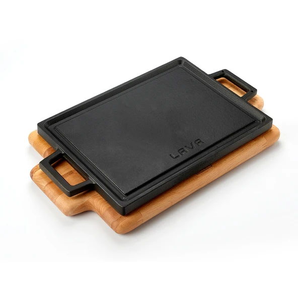 Lava Döküm Dikdörtgen Çift Yön Izgara Hot Plate Döküm Demir Yekpare Çift Kulplu Kayın Servis Ahşabı Ölçü 22x30cm. - Resim 2