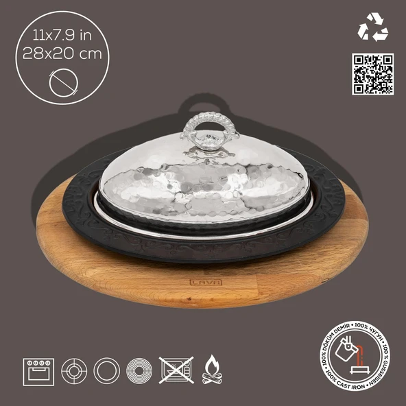 Lava Döküm Oval Döner, Kebap Tabağı Kayın Servis Ahşabı ve Bakır Dövme Formlu Kapak Ölçü 28x20cm. - Resim 2