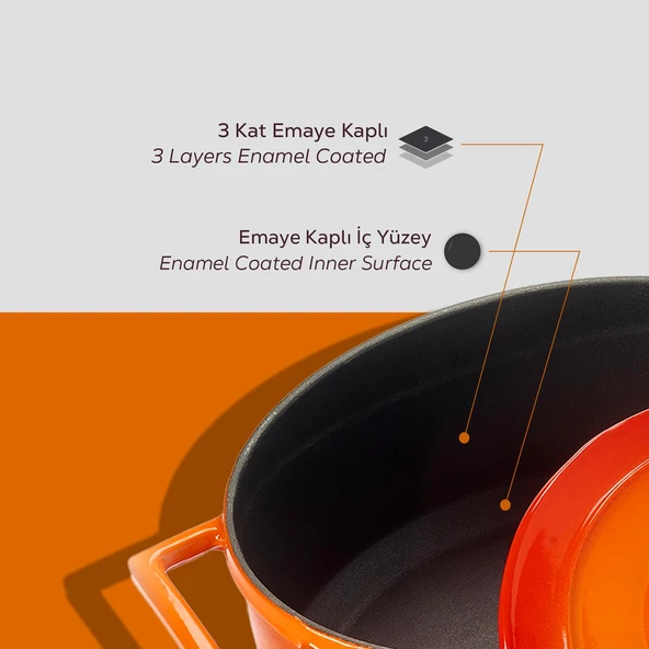 Lava Döküm Oval Tencere. Folk Serisi Ölçü 21x25cm.  Turuncu - Resim 6