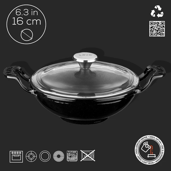Lava Döküm Mini Wok Yekpare Kulplu Cam Kapaklı Çap(Ø)16cm.  Siyah - 3