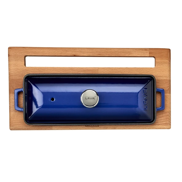 Lava Döküm Ekmek Tenceresi / Kayın Ağacı Servis Standı / Terrine Serisi. Ölçü 11x29cm.  Mavi - Resim 3