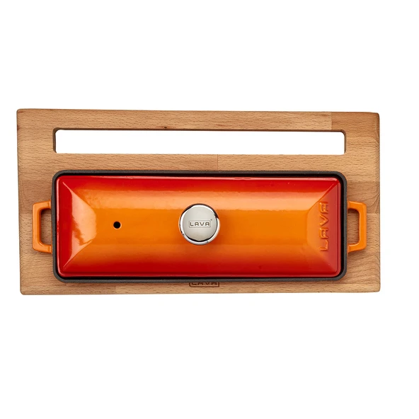 Lava Döküm Ekmek Tenceresi / Kayın Ağacı Servis Standı / Terrine Serisi. Ölçü 11x29cm. Turuncu - 3