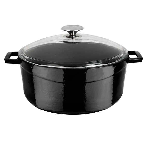 Lava Döküm Yuvarlak Tencere Cam kapaklı. Glaze Çap(Ø)28cm.  Siyah