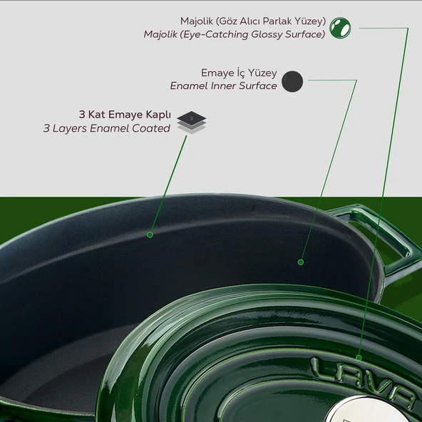 Lava Döküm Oval Tencere Döküm Demir Yekpare Kulplu Premium Serisi Ölçü 23x29cm.  Yeşil - Resim 6