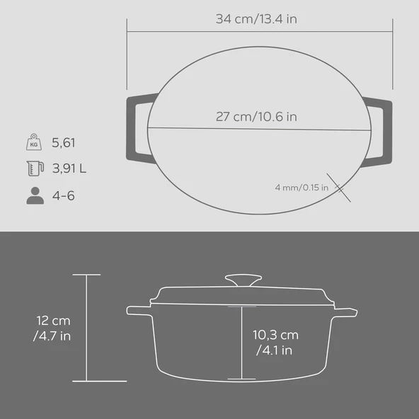 Lava Döküm Oval Tencere Döküm Demir Yekpare Kulplu Premium Serisi Ölçü 21x27cm.  Gri - Resim 5