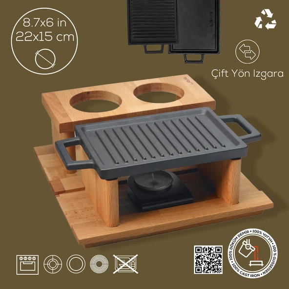 Lava Döküm Dikdörtgen Çift Yön Izgara ve Düz Yüzey Hot Plate Kayın Servis Ahşabı Ölçü 22x15cm. (Iısıtıcı dahil değildir) - Resim 3