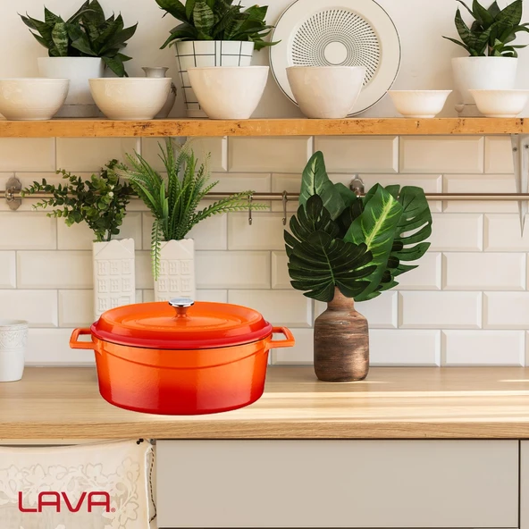 Lava Döküm Oval Tencere. Trendy Serisi Ölçü 21x27cm.  Turuncu - Resim 7