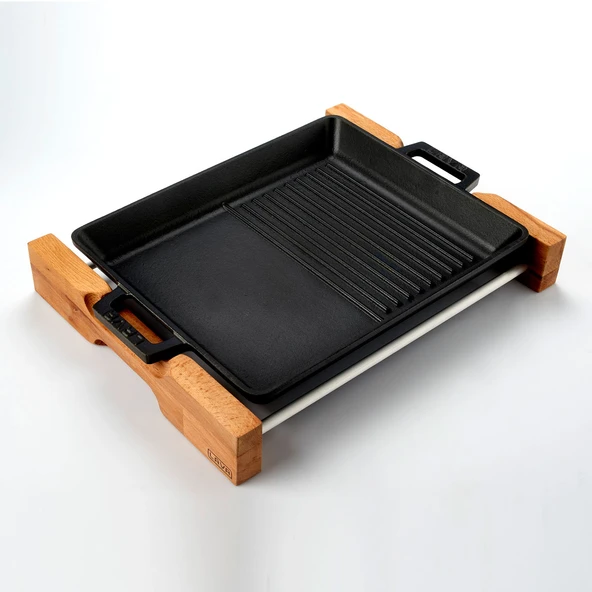 Lava Döküm Dikdörtgen Hibrit Izgara Tavası Kayın Servis Ahşabı Döküm Demir Yekpare Çift Kulplu Ölçü 26x32cm. - Resim 2