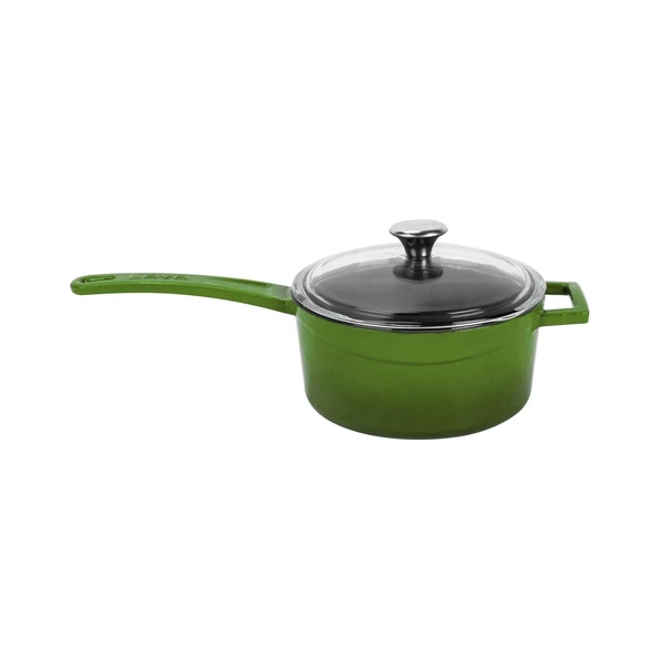 Lava Döküm Yuvarlak Sos Tenceresi Cam kapaklı, Metal Saplı. Glaze Serisi Çap(Ø16 cm.  Yeşil ürün görseli