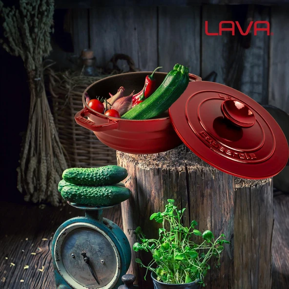 Lava Döküm Yuvarlak Tencere Döküm Demir Kapak Experience Majolik Serisi Çap(Ø)28cm  Kırmızı - Resim 7