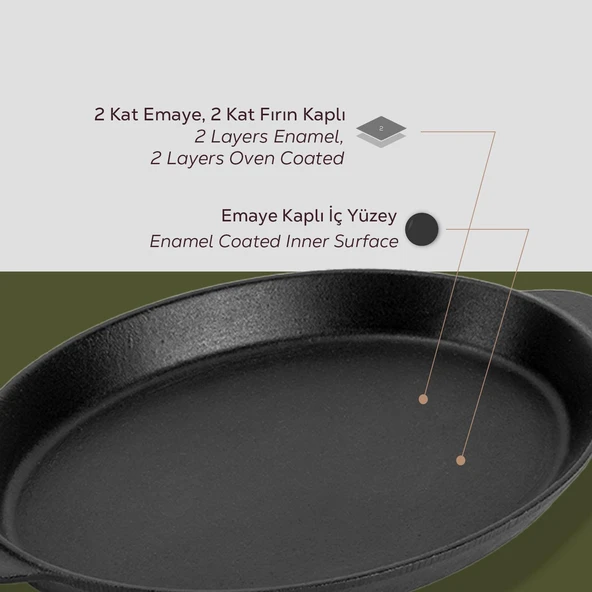 Lava Döküm Oval Fajita Tabağı Döküm Demir Yekpare Çift Kulplu Ölçü 18x24cm. - Resim 4