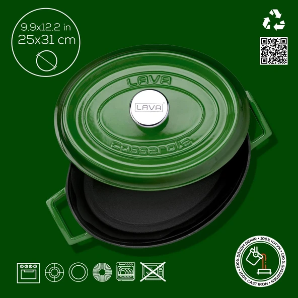Lava Döküm Oval Tencere. Trendy Serisi Ölçü 25x31cm.  Yeşil - Resim 4
