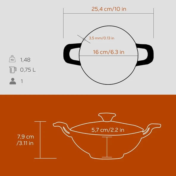 Lava Döküm Mini Wok Yekpare Kulplu Cam Kapaklı Çap(Ø)16cm.  Turuncu - 4