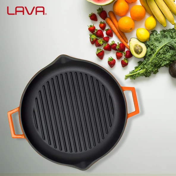 Lava Döküm Yuvarlak Izgara Tavası Döküm Demir Yekpare Çift Kulplu Çap(Ø)30cm.  Turuncu - Resim 7