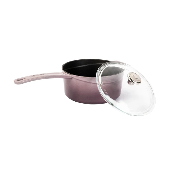 Lava Döküm Yuvarlak Sos Tenceresi Cam kapaklı, Metal Saplı. Glaze Serisi Çap(Ø16 cm.  Mor - 2