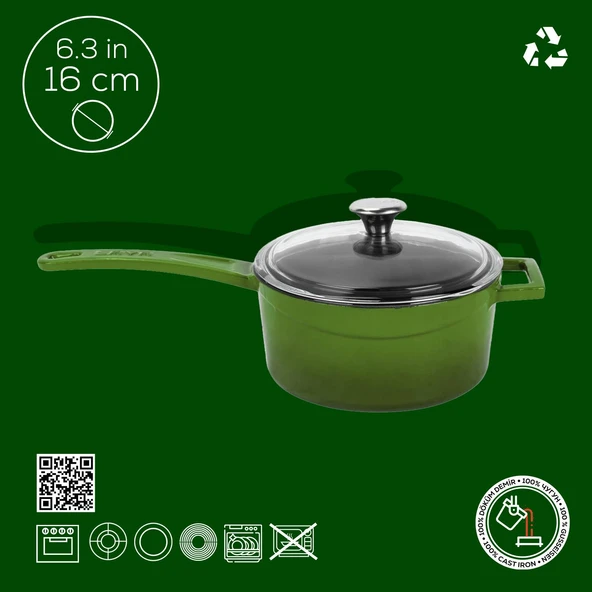 Lava Döküm Yuvarlak Sos Tenceresi Cam kapaklı, Metal Saplı. Glaze Serisi Çap(Ø16 cm.  Yeşil - Resim 4