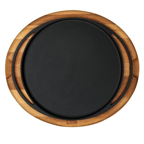 Lava Döküm Yuvarlak Pizza Krep Pankek Tavası Döküm Demir Yekpare Çift Kulplu Kayın Servis Ahşabı Çap(Ø)28cm. ürün görseli 1
