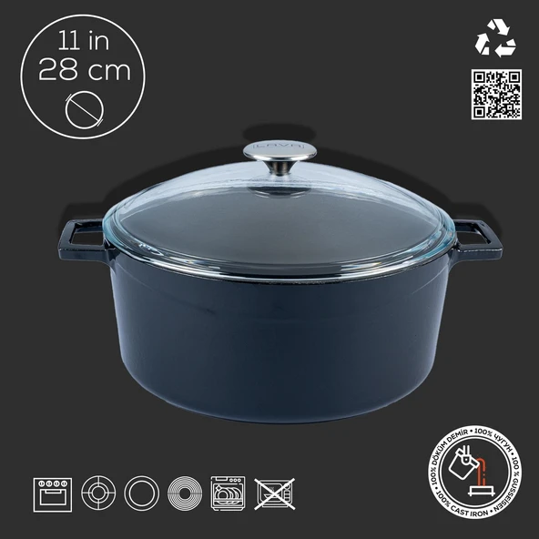 Lava Döküm Yuvarlak Tencere Cam kapaklı. Glaze Çap(Ø)28cm.  Siyah - Resim 4