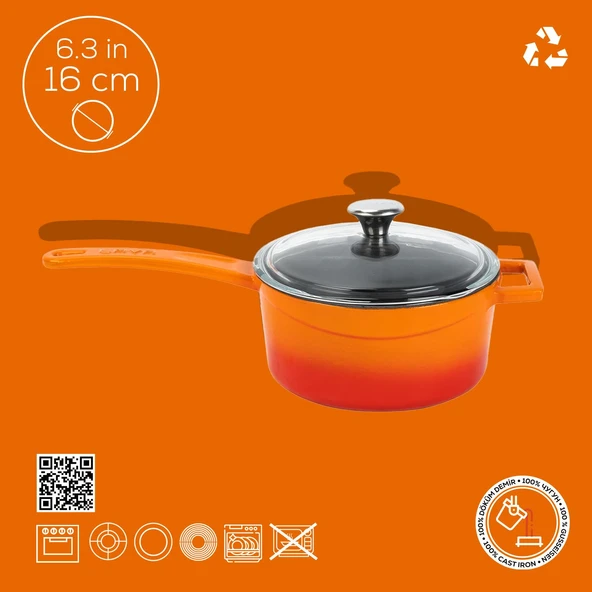 Lava Döküm Yuvarlak Sos Tenceresi Cam kapaklı, Metal Saplı. Glaze Serisi Çap(Ø16 cm.  Turuncu - Resim 4