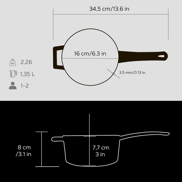 Lava Döküm Yuvarlak Sos Tenceresi Cam kapaklı, Metal Saplı. Glaze Serisi Çap(Ø16 cm.  Siyah - Resim 5