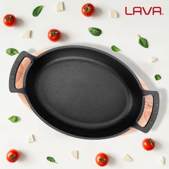 Lava Döküm Oval Sahan Döküm Demir Yekpare Çift Kulplu Kayın Servis Ahşabı Ölçü 27x20cm.  Kırmızı - Resim 8