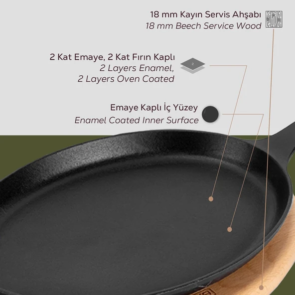 Lava Döküm Oval Fajita Tabağı Döküm Demir Yekpare Saplı Kayın Servis Ahşabı Ölçü 17x23cm. - Resim 4