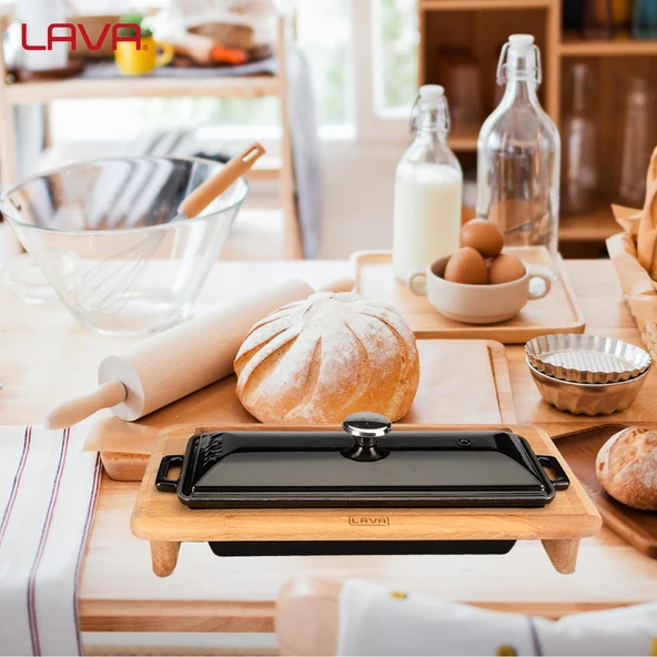 Lava Döküm Ekmek Tenceresi / Kayın Ağacı Servis Standı / Terrine Serisi. Ölçü 11x29cm.  Siyah - Resim 7