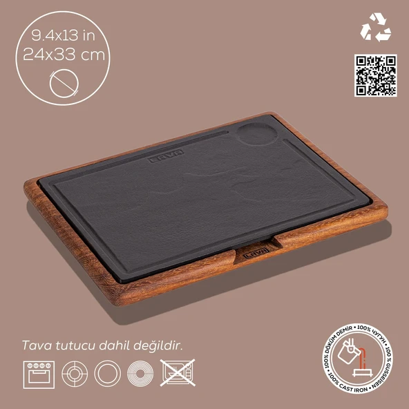 Lava Döküm Ahşap ve Döküm Demir Hot Plate Servis Tahtası. Ölçü 24x33cm. - 2