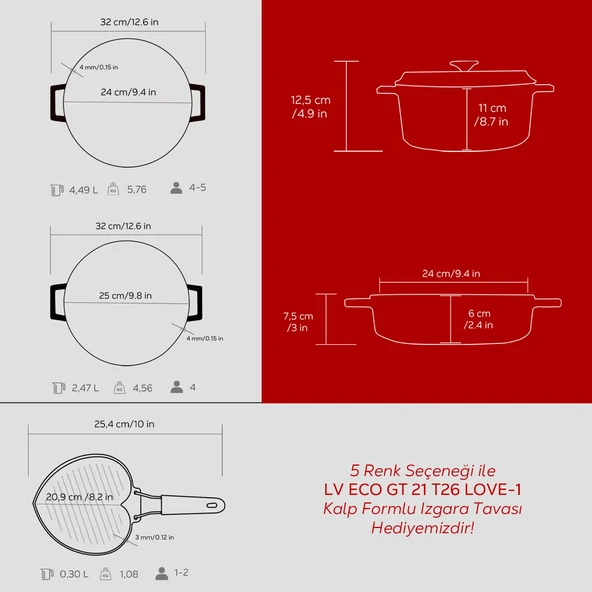 Lava Döküm Trendy Serisi Yuvarlak Derin ve Sığ 5 Parça Tencere Tava Çeyiz Seti  Kırmızı - Resim 7