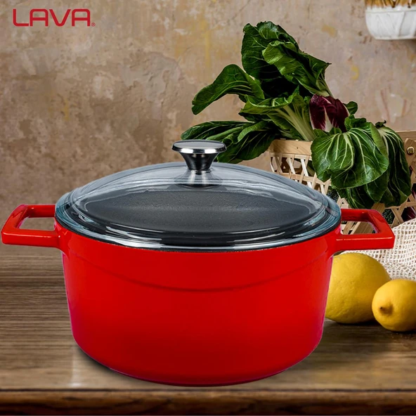 Lava Döküm Yuvarlak Tencere Cam kapaklı. Glaze Çap(Ø)20cm.  Kırmızı - 7