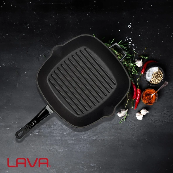 Lava Döküm Kare Izgara Tava Döküm Demir Yekpare Saplı Ölçü 26x26cm.  Siyah - Resim 7