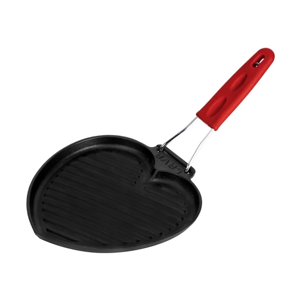 Lava Döküm Sığ Izgara Tavası Love Serisi Silikon Tel Saplı Ölçü 22x23cm.  Kırmızı
