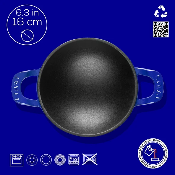 Lava Döküm Mini Wok Yekpare Kulplu Çap(Ø)16cm.  Mavi - 3
