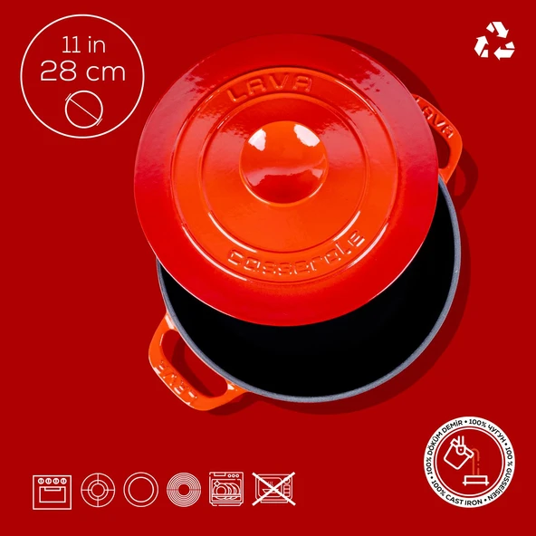 Lava Döküm Yuvarlak Tencere Döküm Demir Kapak Experience Serisi Çap(Ø)28cm  Kırmızı - Resim 4