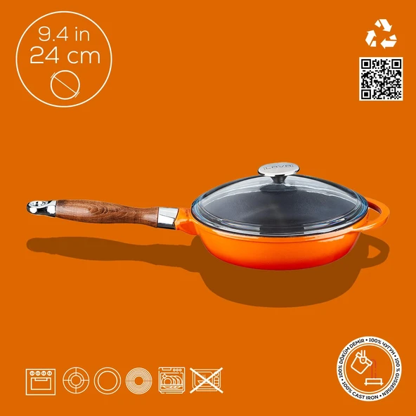 Lava Döküm Yuvarlak Kızartma Tavası Cam Kapaklı Döküm Demir Sök - Tak Ahşap Sap Çap(Ø)24cm  Turuncu - Resim 3