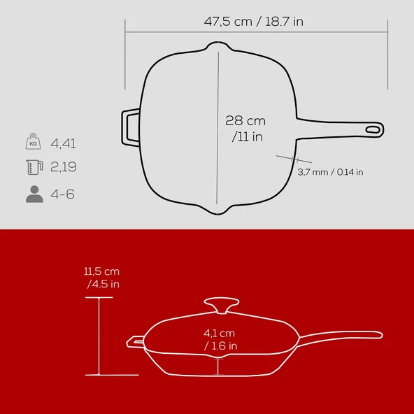 Lava Döküm Kare Izgara Tava Cam Kapaklı Döküm Demir Yekpare Saplı Ölçü 28x28cm.  Kırmızı - Resim 5