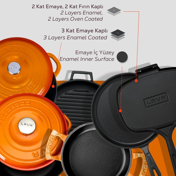 Lava Döküm 6x Trendy Serisi 9 Parça Tencere & Tava Seti  Turuncu - Resim 7