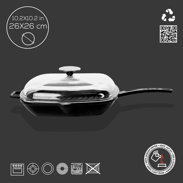 Lava Döküm Kare Izgara Tava Cam Kapaklı Döküm Demir Yekpare Saplı Ölçü 26x26cm.  Siyah - Resim 4