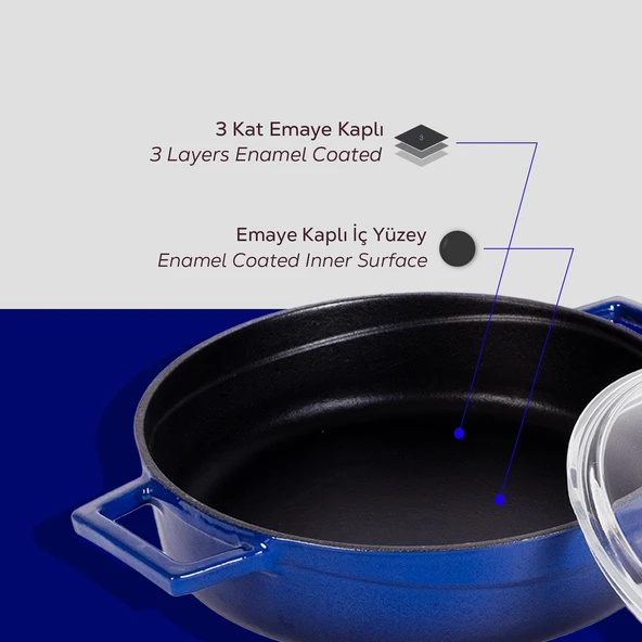 Lava Döküm Çok Amaçlı Yayvan Tencere. Glaze Serisi Çap(Ø)24cm. - Kırmızı  Mavi - Resim 6