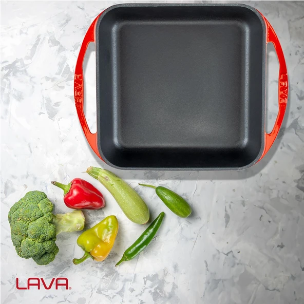 Lava Döküm Kare Kızartma Tavası Döküm Demir Yekpare Çift Kulplu Ölçü 26x26cm.  Kırmızı - Resim 7