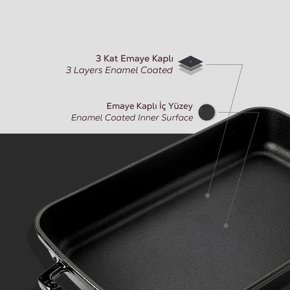 Lava Döküm Dikdörtgen Rosto ve Fırın Tepsisi Döküm Demir Yekpare Çift Kulplu Ölçü 22x30cm.  Siyah - 6