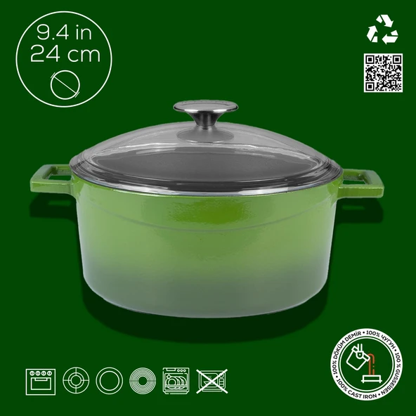 Lava Döküm Yuvarlak Tencere Cam kapaklı. Glaze Çap(Ø)24cm.  Yeşil - Resim 4